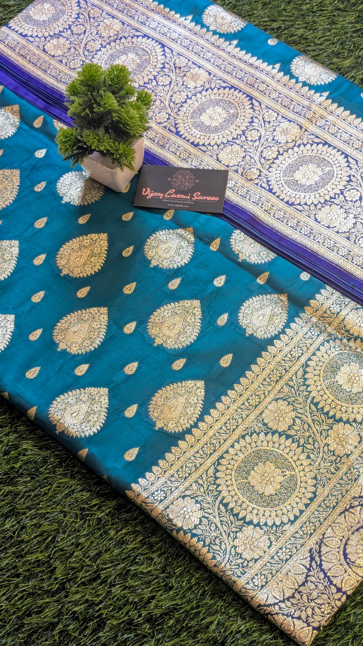 Banarasi Satin Mashru Katan Silk Saree with Double Golden Zari Bootas and Meenakari Accents