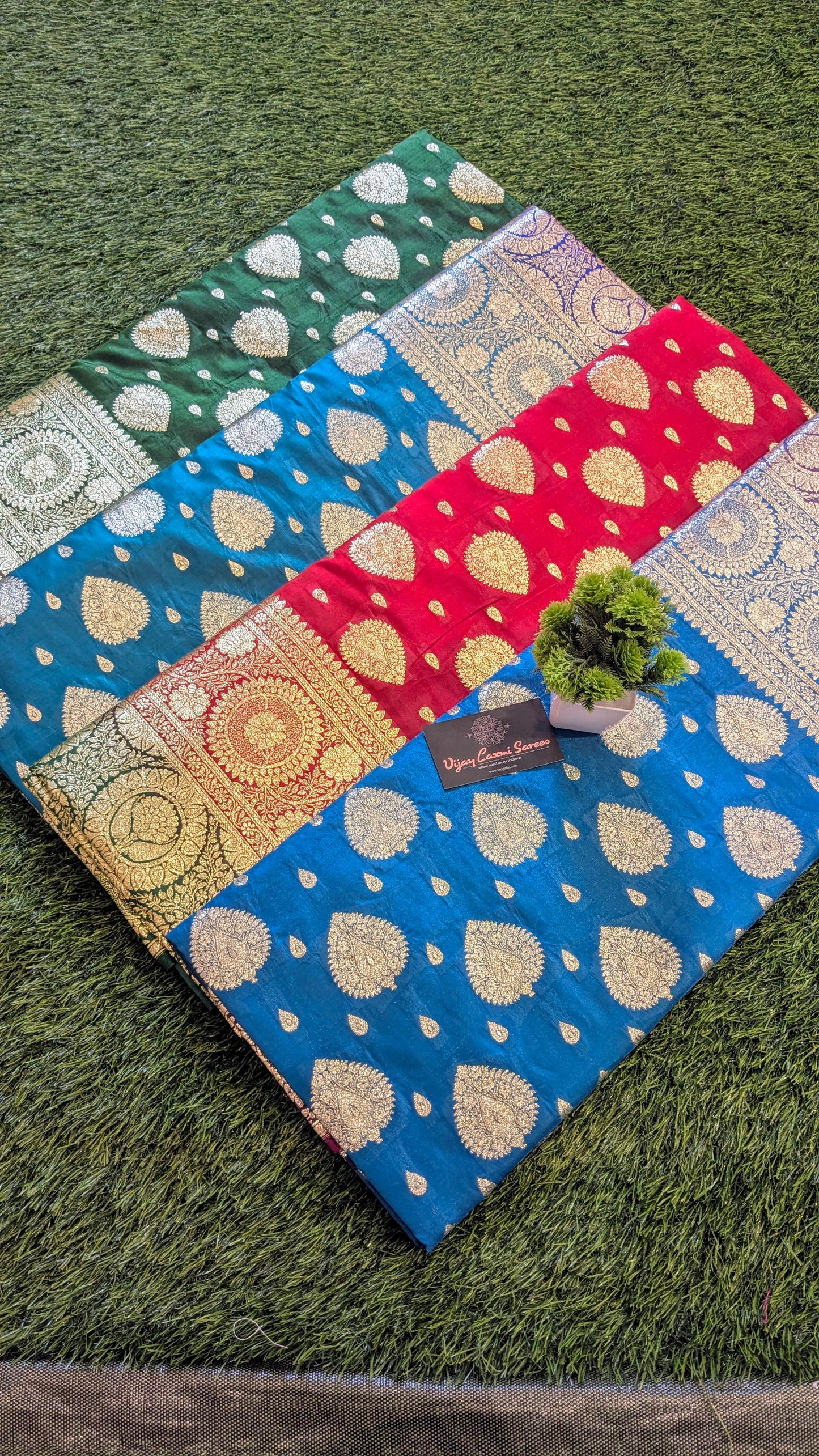 Banarasi Satin Mashru Katan Silk Saree with Double Golden Zari Bootas and Meenakari Accents