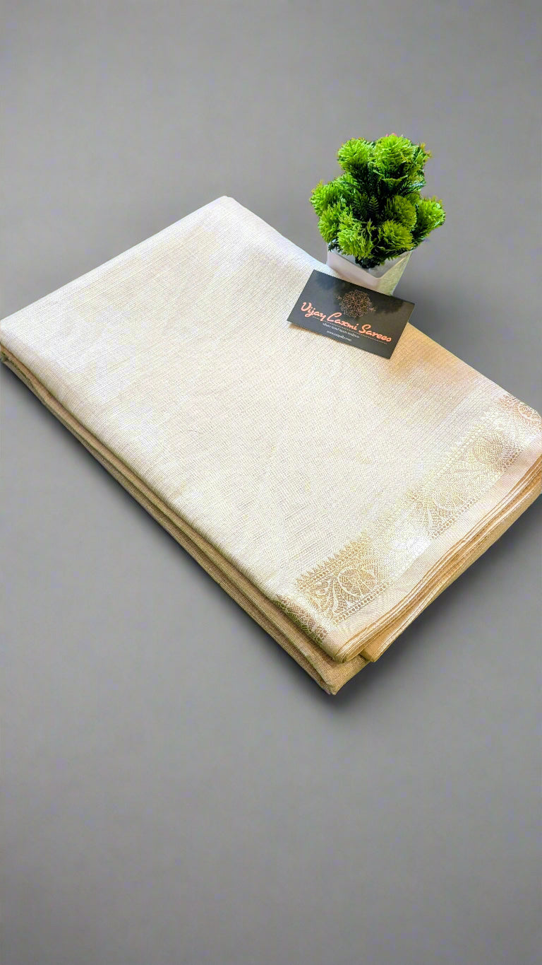Off-White Tissue Cotton Silk Saree with Tassels and Self-Zari Striped Blouse