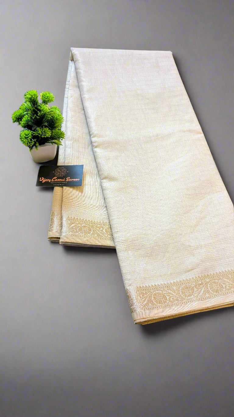 Off-White Tissue Cotton Silk Saree with Tassels and Self-Zari Striped Blouse