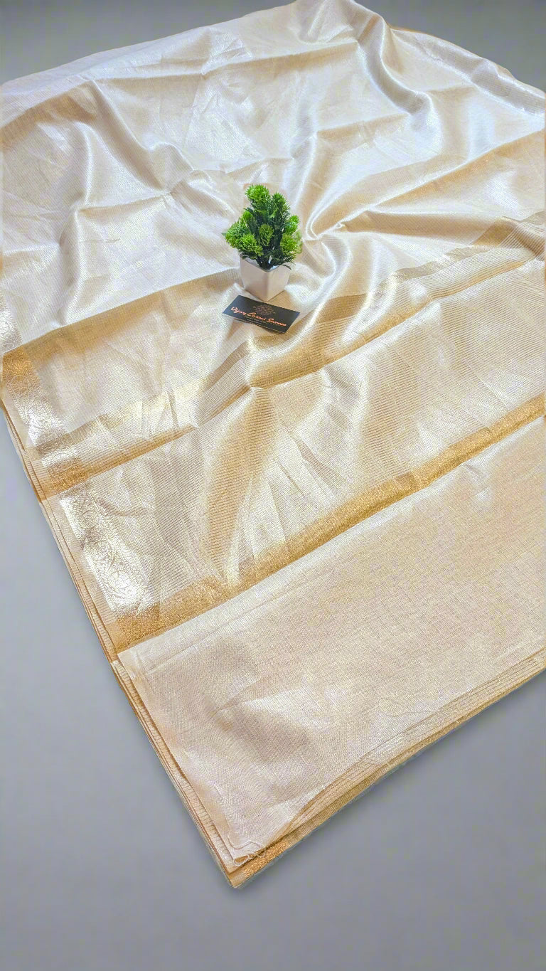Off-White Tissue Cotton Silk Saree with Tassels and Self-Zari Striped Blouse