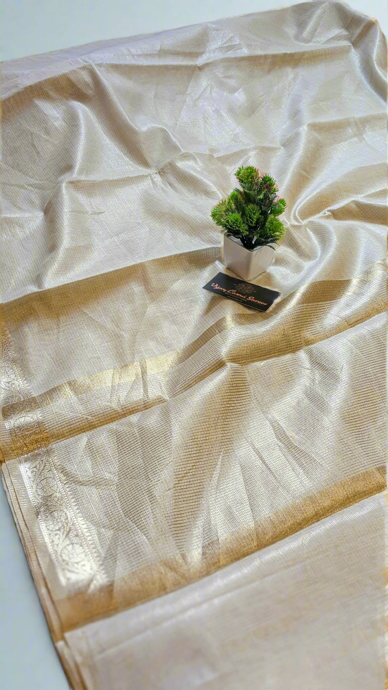 Off-White Tissue Cotton Silk Saree with Tassels and Self-Zari Striped Blouse