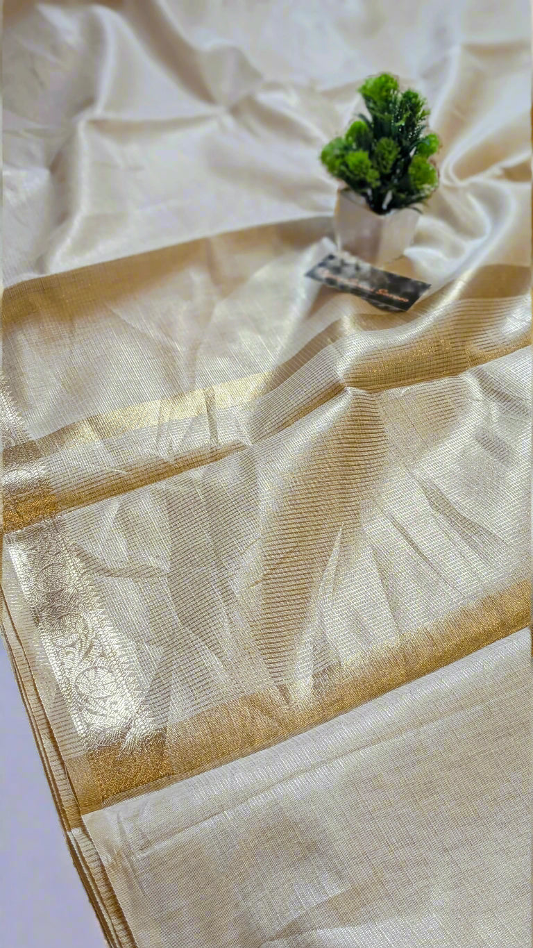 Off-White Tissue Cotton Silk Saree with Tassels and Self-Zari Striped Blouse