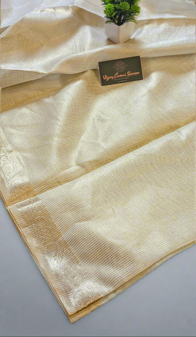 Off-White Tissue Cotton Silk Saree with Tassels and Self-Zari Striped Blouse