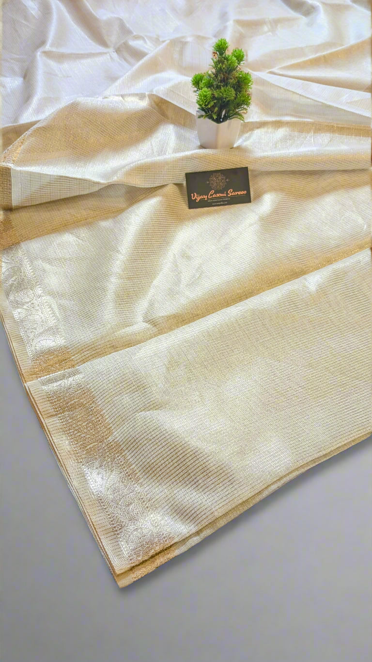 Off-White Tissue Cotton Silk Saree with Tassels and Self-Zari Striped Blouse