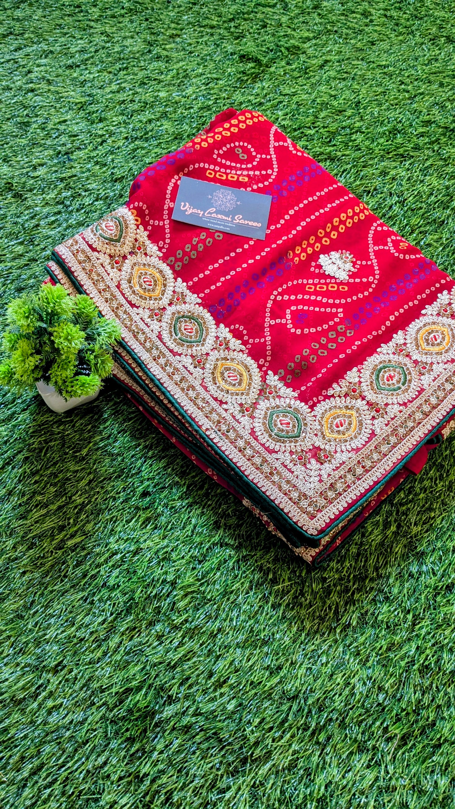 Red Handworked Banarasi Bandhej Saree with Kantha and Rai Dana Boota Work