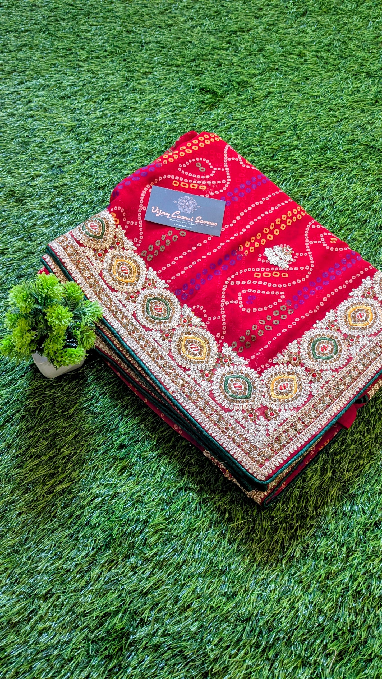 Red Handworked Banarasi Bandhej Saree with Kantha and Rai Dana Boota Work