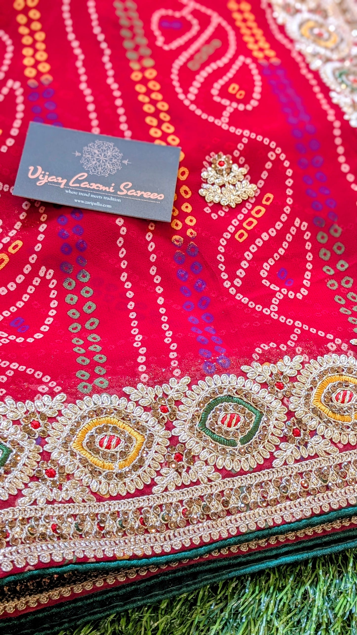 Red Handworked Banarasi Bandhej Saree with Kantha and Rai Dana Boota Work