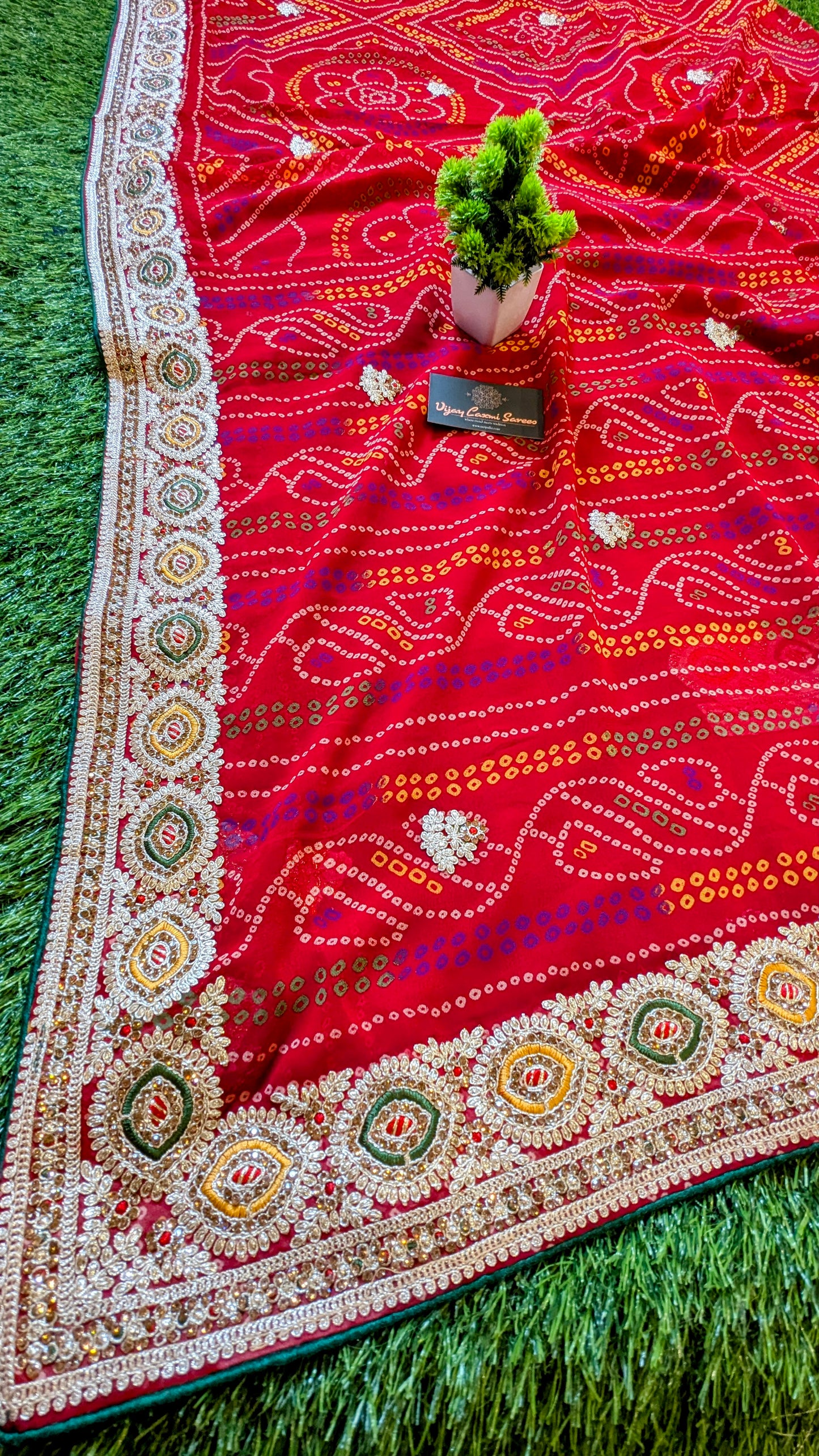 Red Handworked Banarasi Bandhej Saree with Kantha and Rai Dana Boota Work