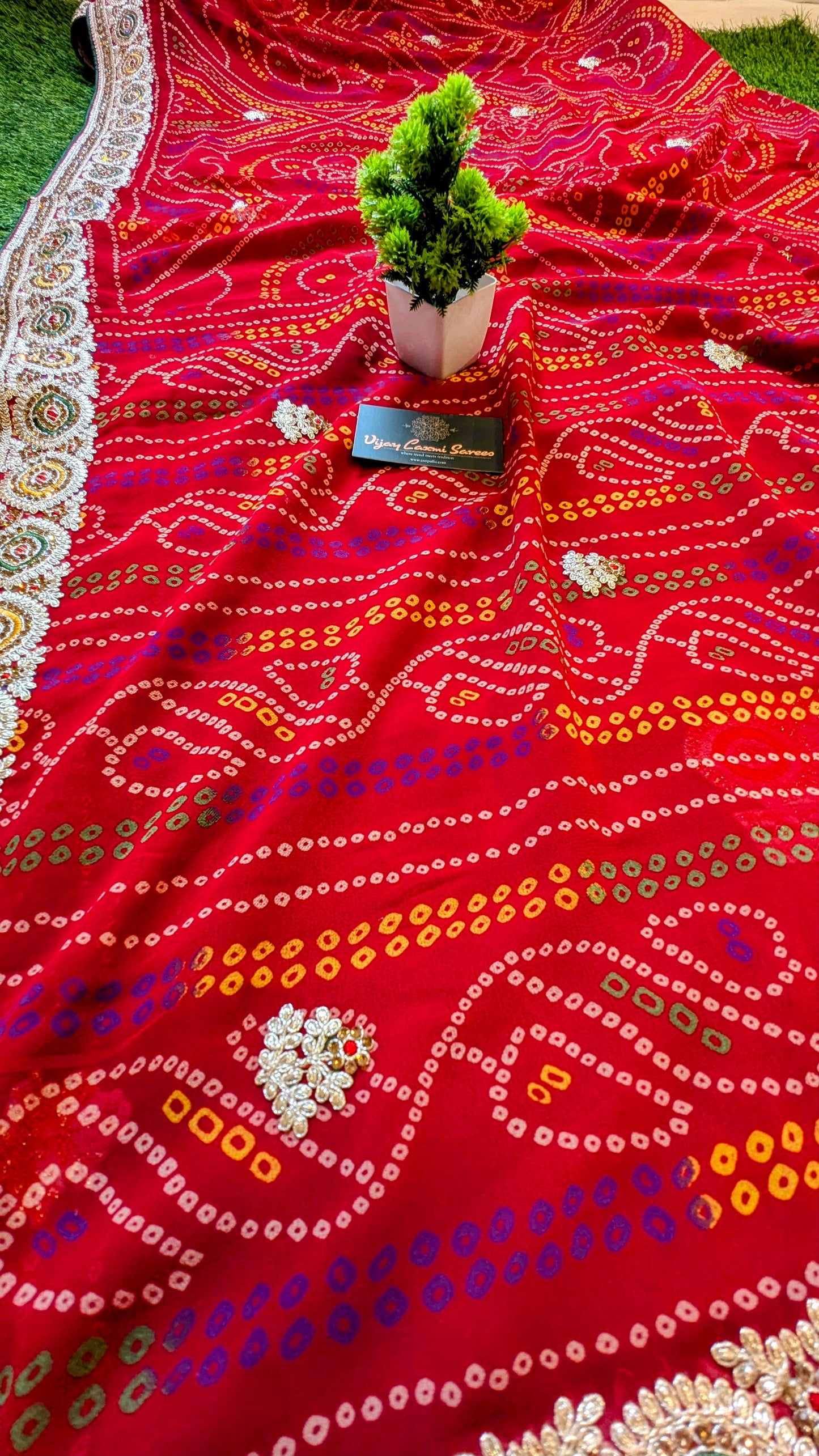 Red Handworked Banarasi Bandhej Saree with Kantha and Rai Dana Boota Work