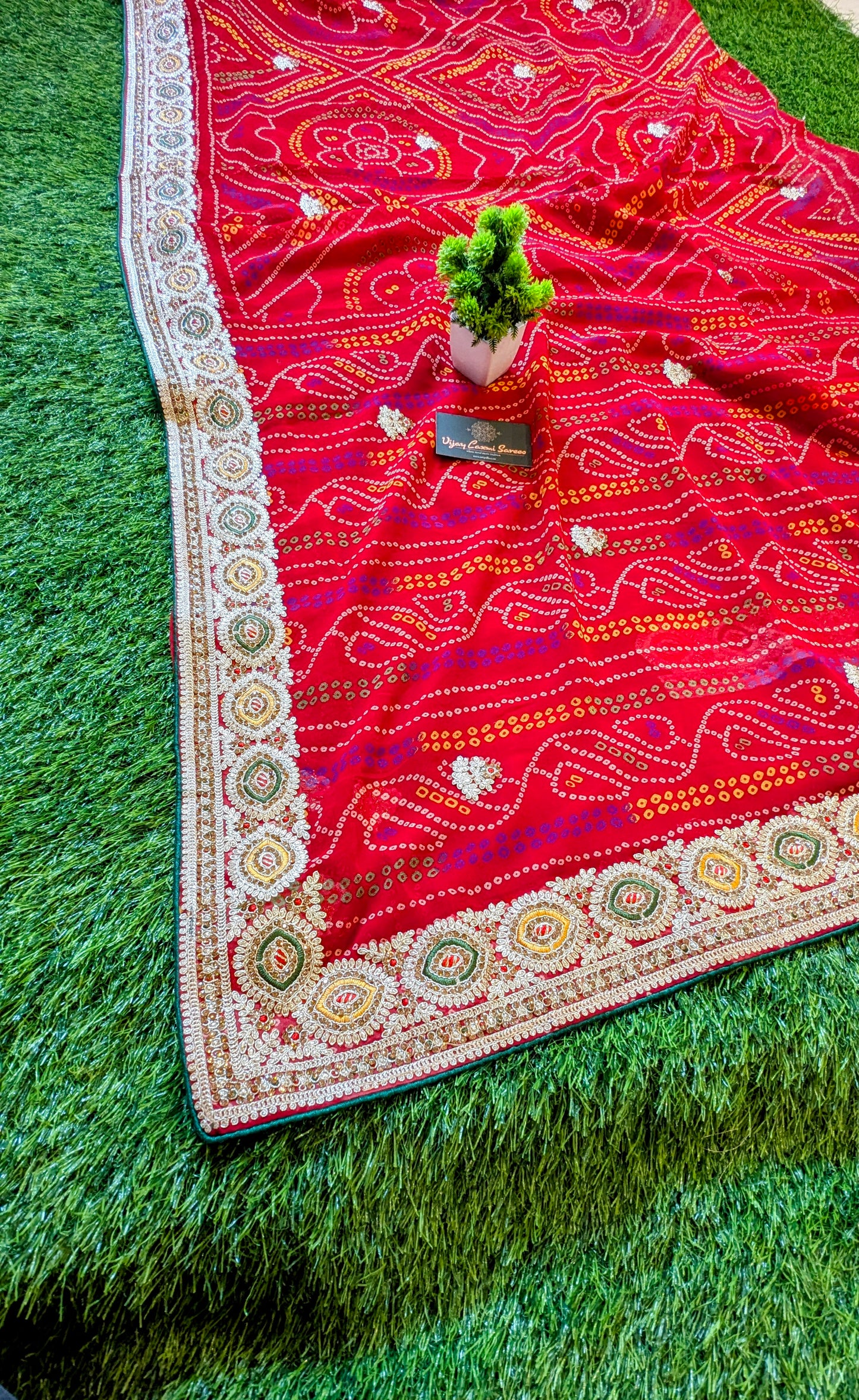 Red Handworked Banarasi Bandhej Saree with Kantha and Rai Dana Boota Work