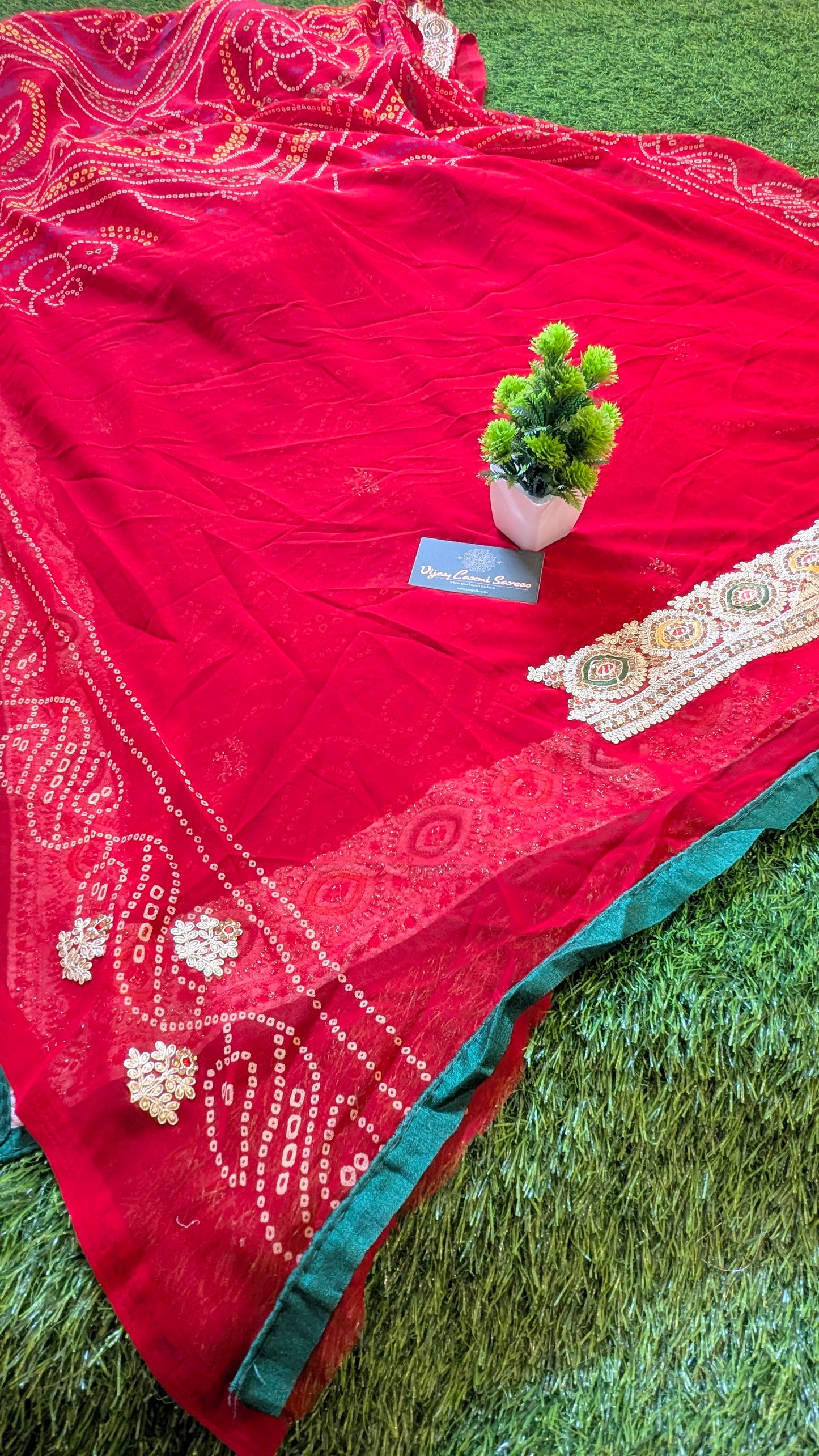 Red Handworked Banarasi Bandhej Saree with Kantha and Rai Dana Boota Work