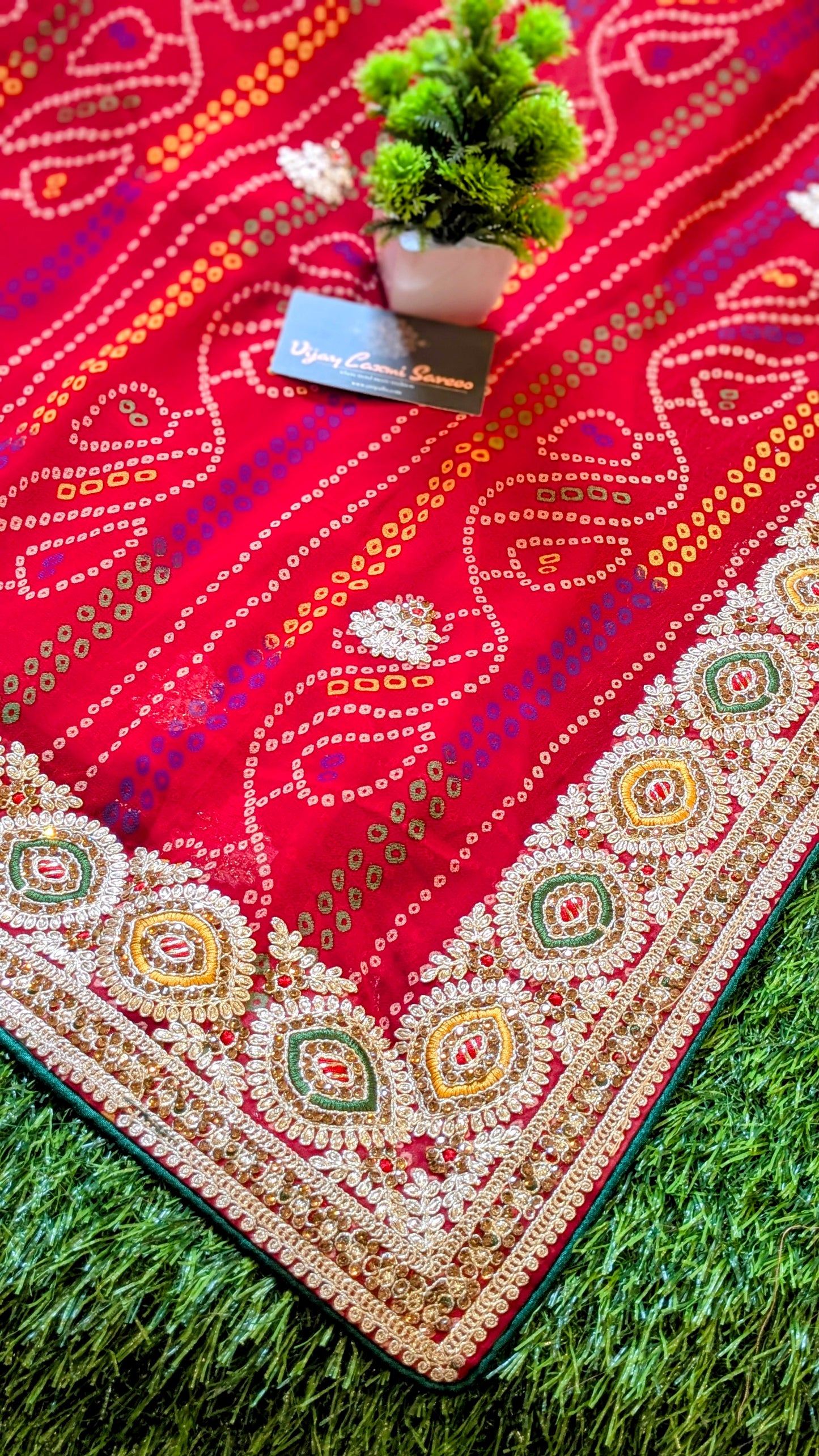 Red Handworked Banarasi Bandhej Saree with Kantha and Rai Dana Boota Work