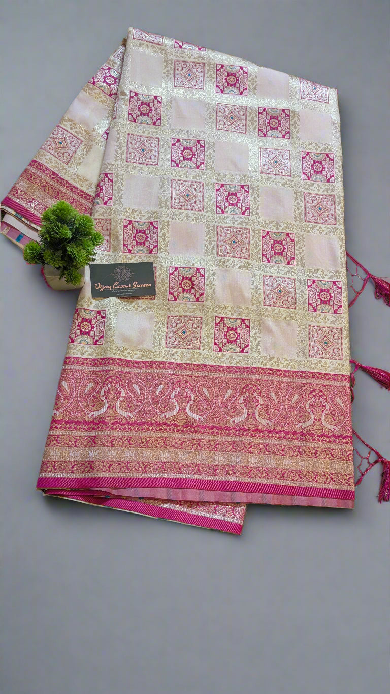 Banarasi Off-White Katan Silk Saree with Royal Ghatchola Design and Peacock Motifs