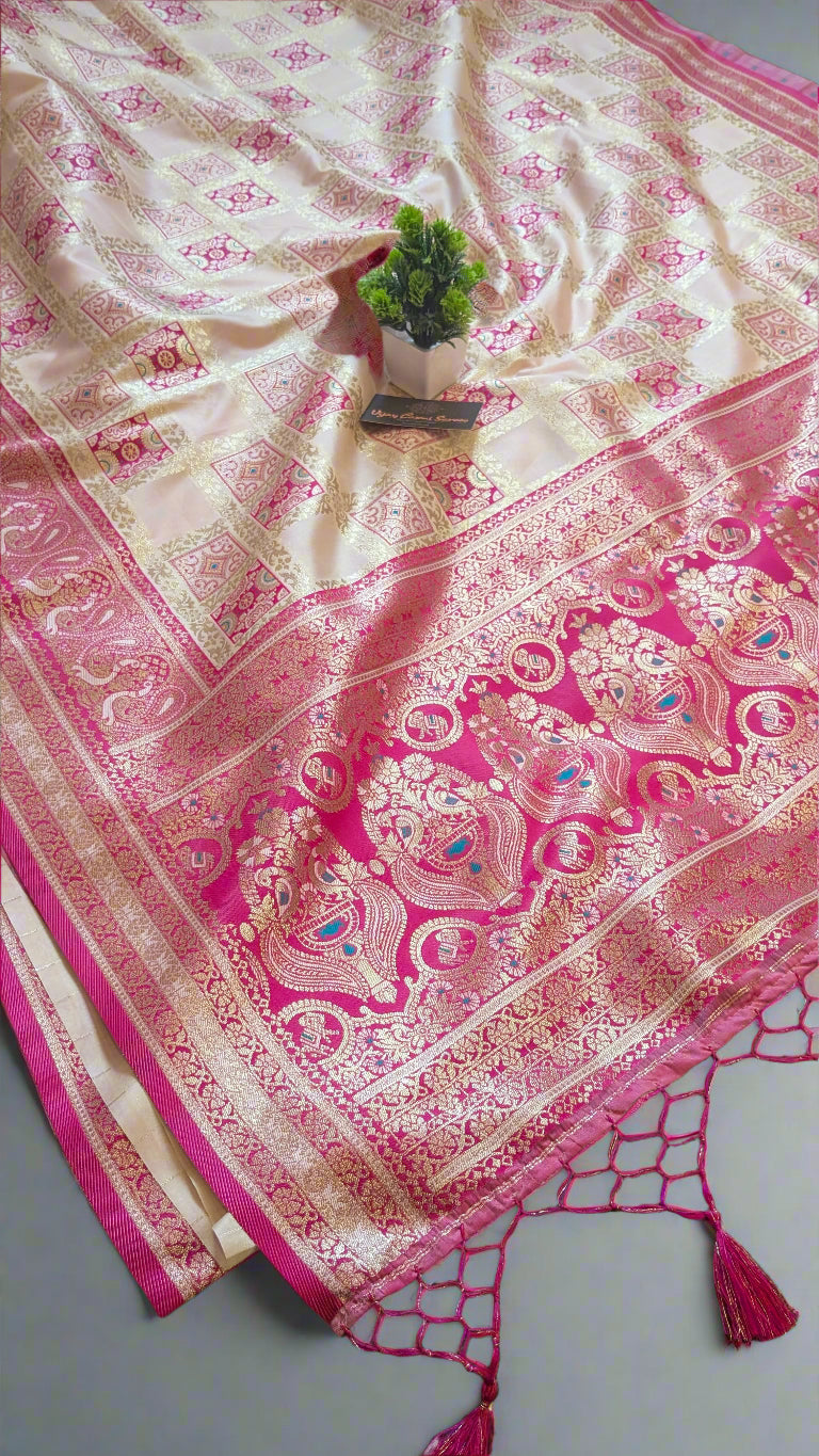 Banarasi Off-White Katan Silk Saree with Royal Ghatchola Design and Peacock Motifs