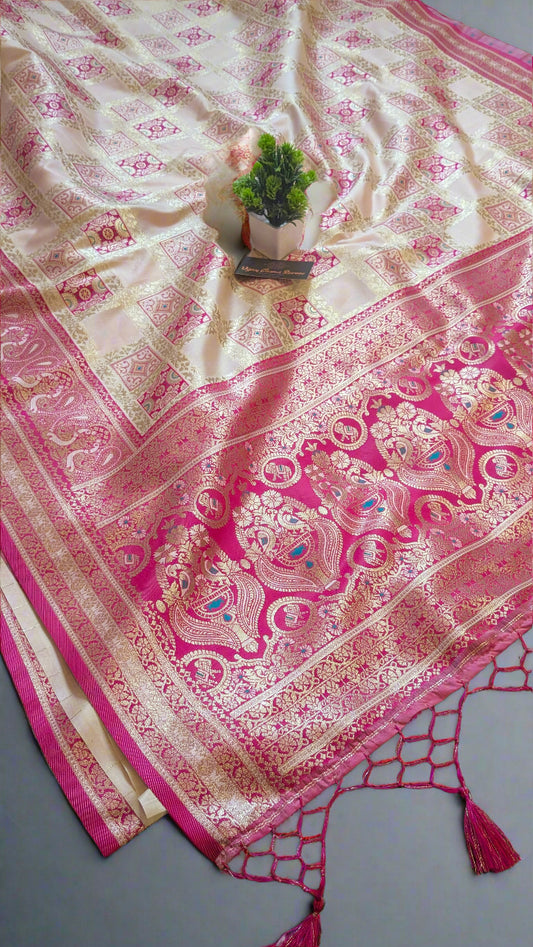 Banarasi Off-White Katan Silk Saree with Royal Ghatchola Design and Peacock Motifs