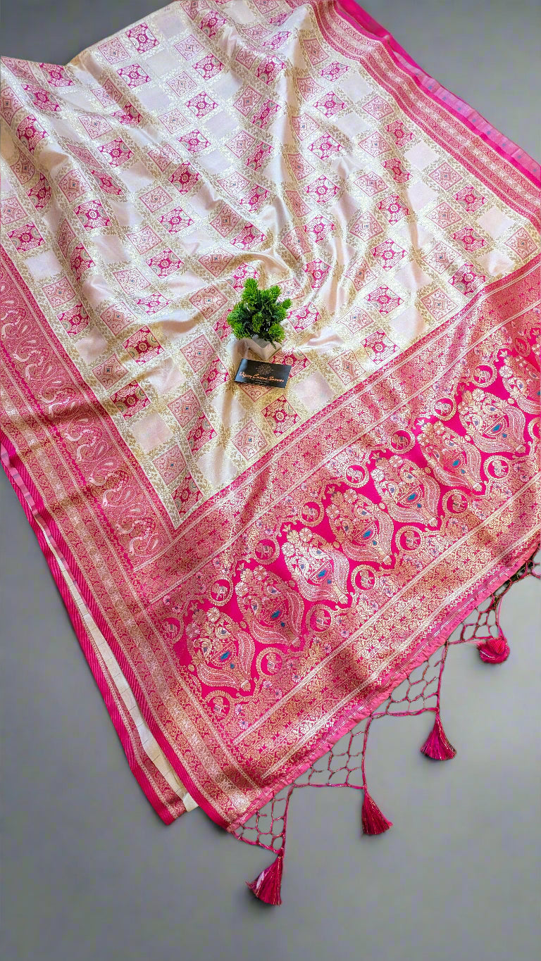 Banarasi Off-White Katan Silk Saree with Royal Ghatchola Design and Peacock Motifs