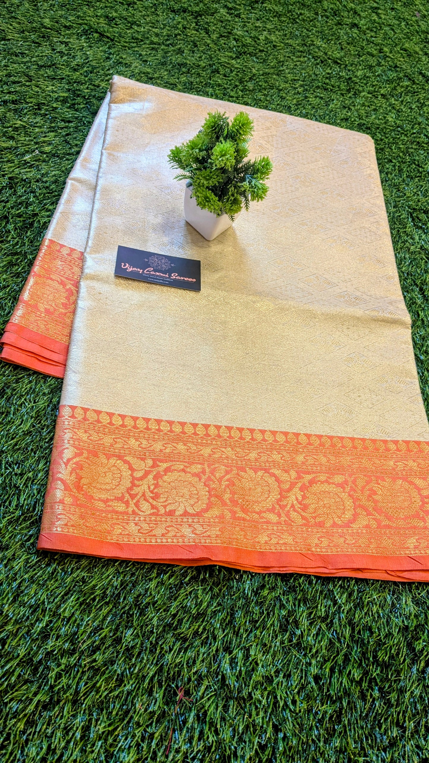 Banarasi Handloom Golden Tissue Silk Saree with contrast Border and pallu