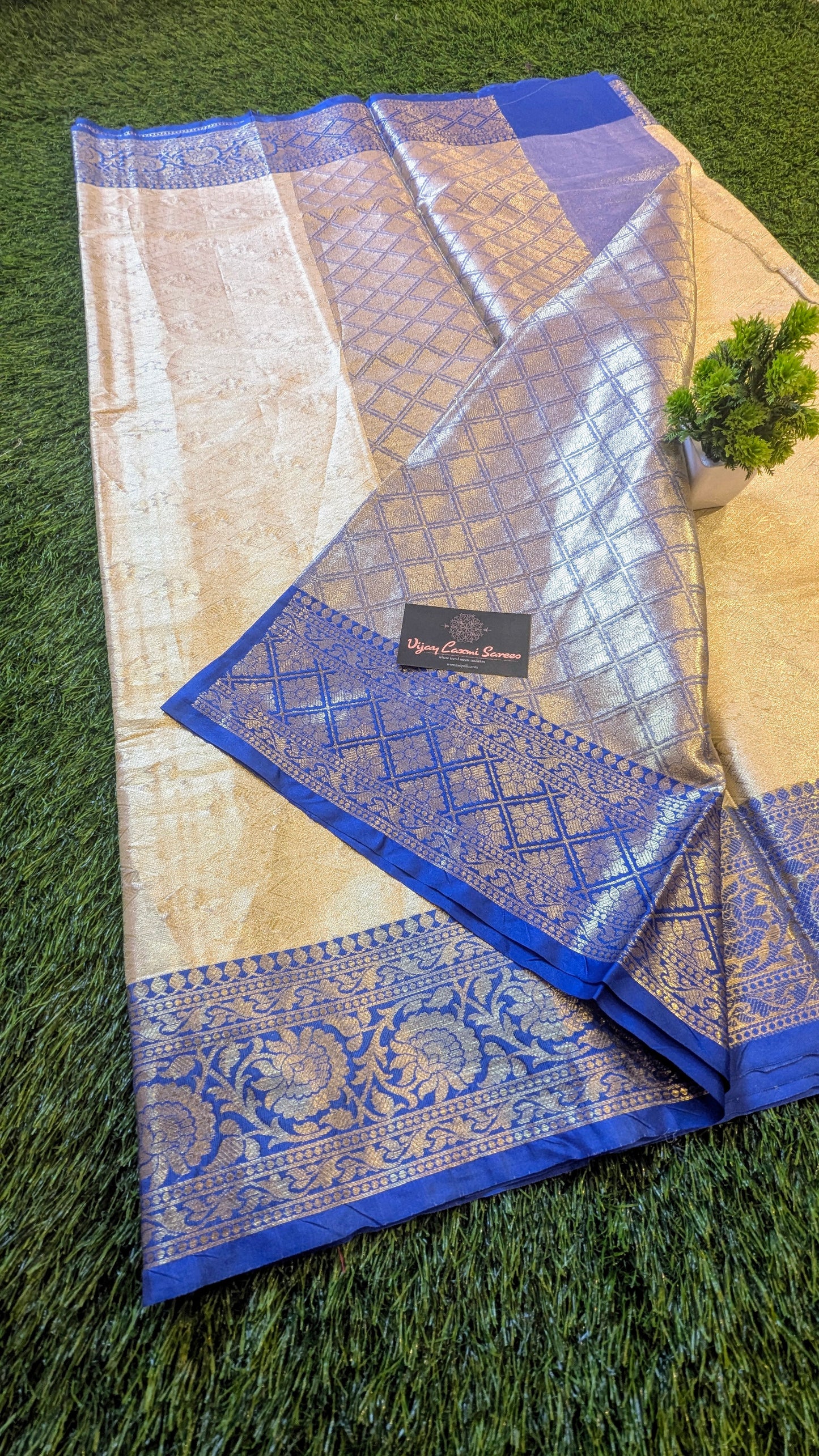 Banarasi Handloom Golden Tissue Silk Saree with contrast Border and pallu