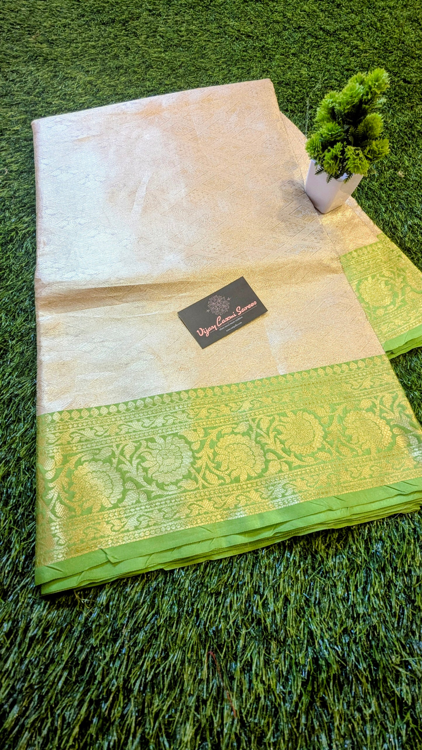 Banarasi Handloom Golden Tissue Silk Saree with contrast Border and pallu
