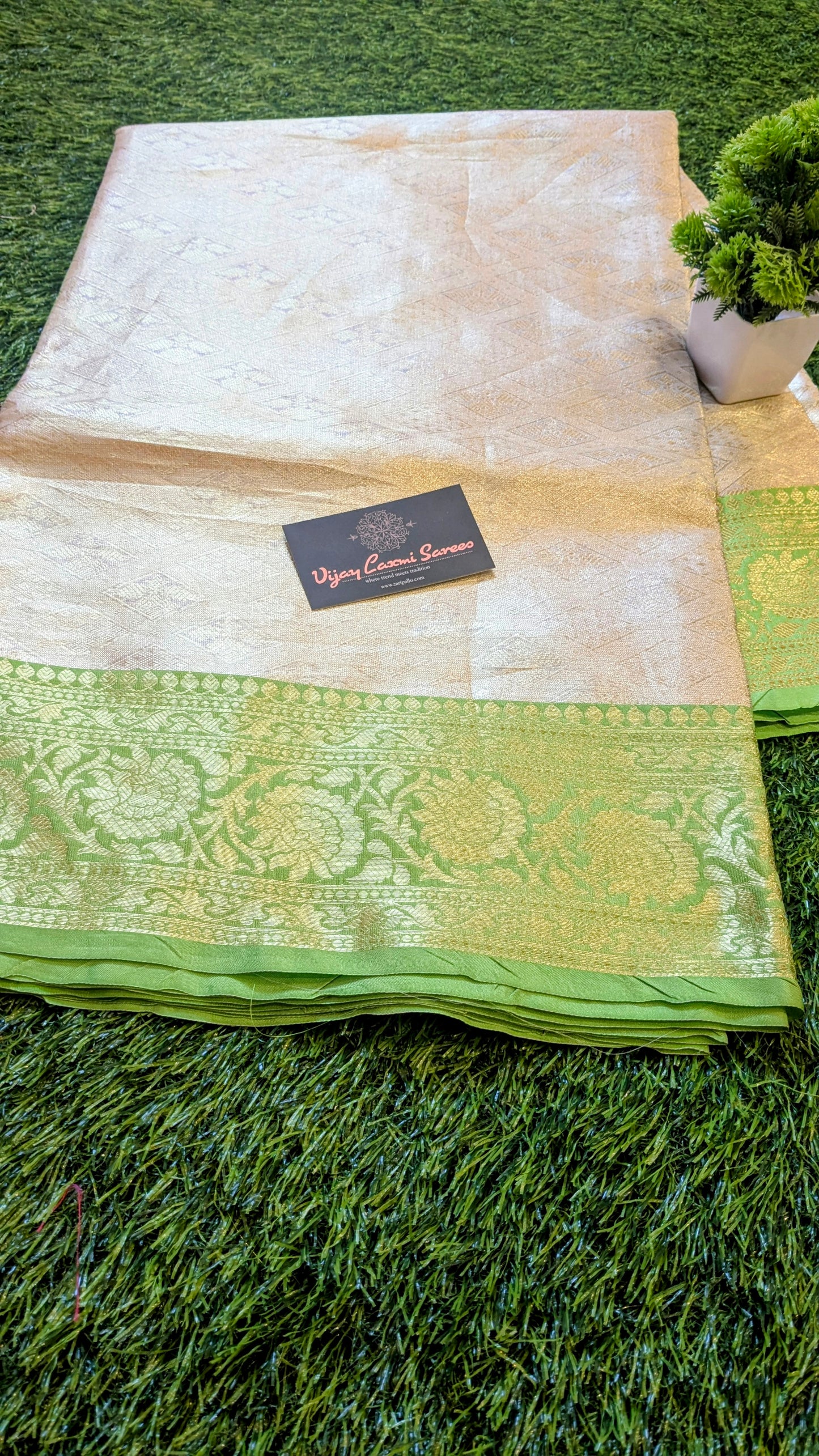 Banarasi Handloom Golden Tissue Silk Saree with contrast Border and pallu