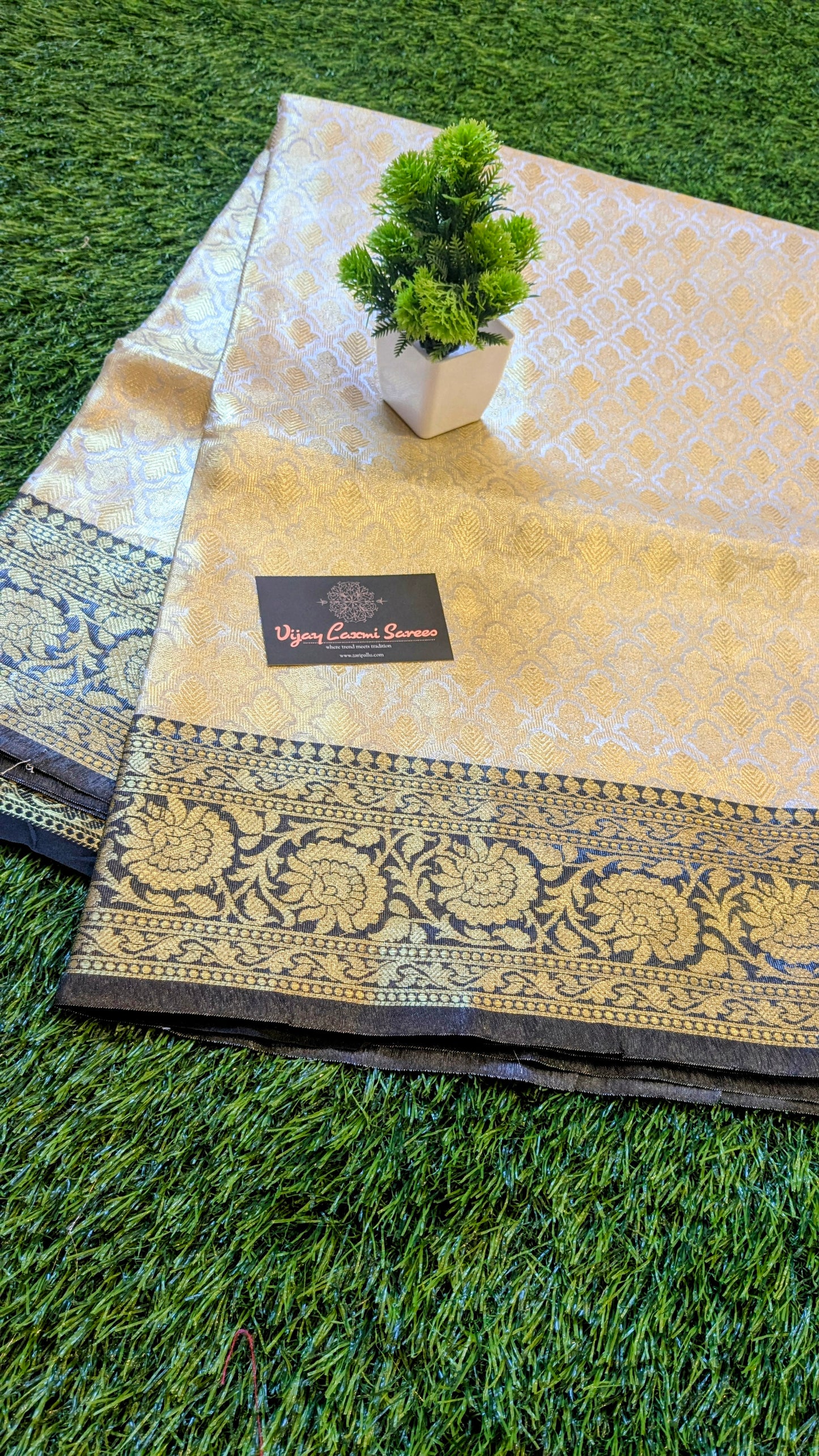 Banarasi Handloom Golden Tissue Silk Saree with contrast Border and pallu