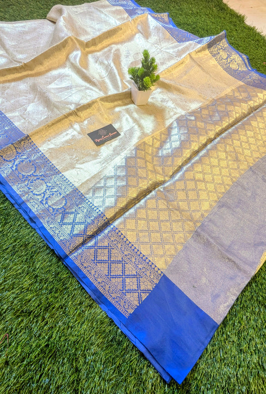 Banarasi Handloom Golden Tissue Silk Saree with contrast Border and pallu