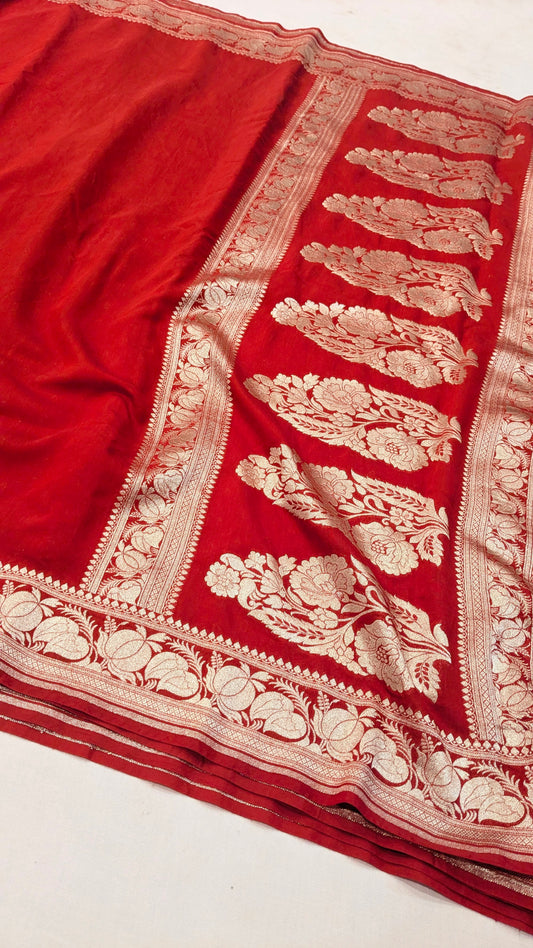 Red colour plain handloom moonga tussar banarasi