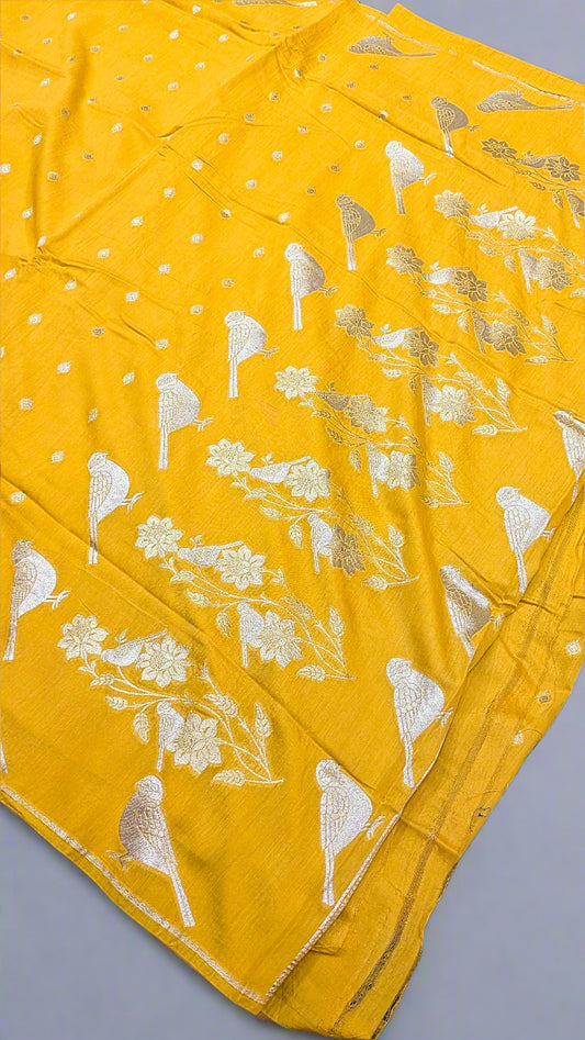Banarasi Natural Tussar Moonga Handloom Saree β Bird Motif Border Pallu