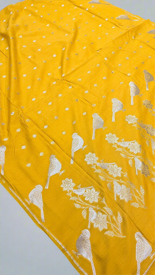 Banarasi Natural Tussar Moonga Handloom Saree β Bird Motif Border Pallu