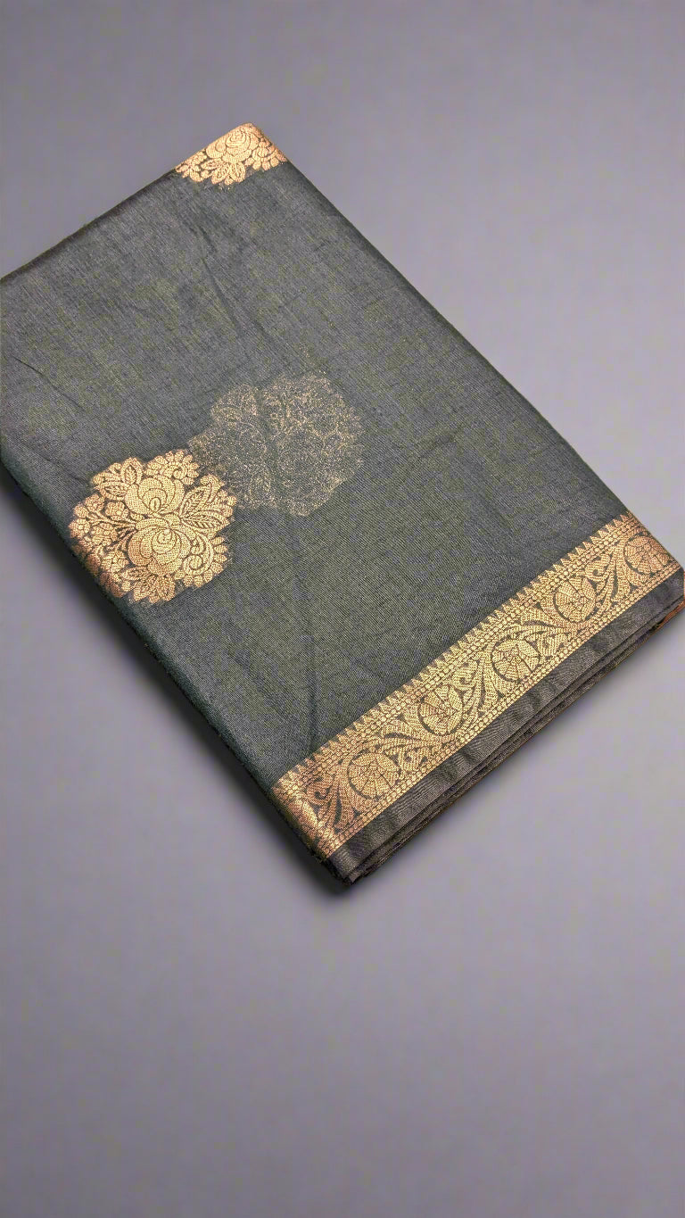 🧵 VLS-360 – Banarasi Pure Silk Cotton Saree with Golden Zari Kadhwa Boota