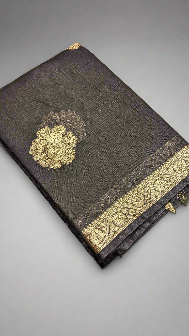 🧵 VLS-360 – Banarasi Pure Silk Cotton Saree with Golden Zari Kadhwa Boota