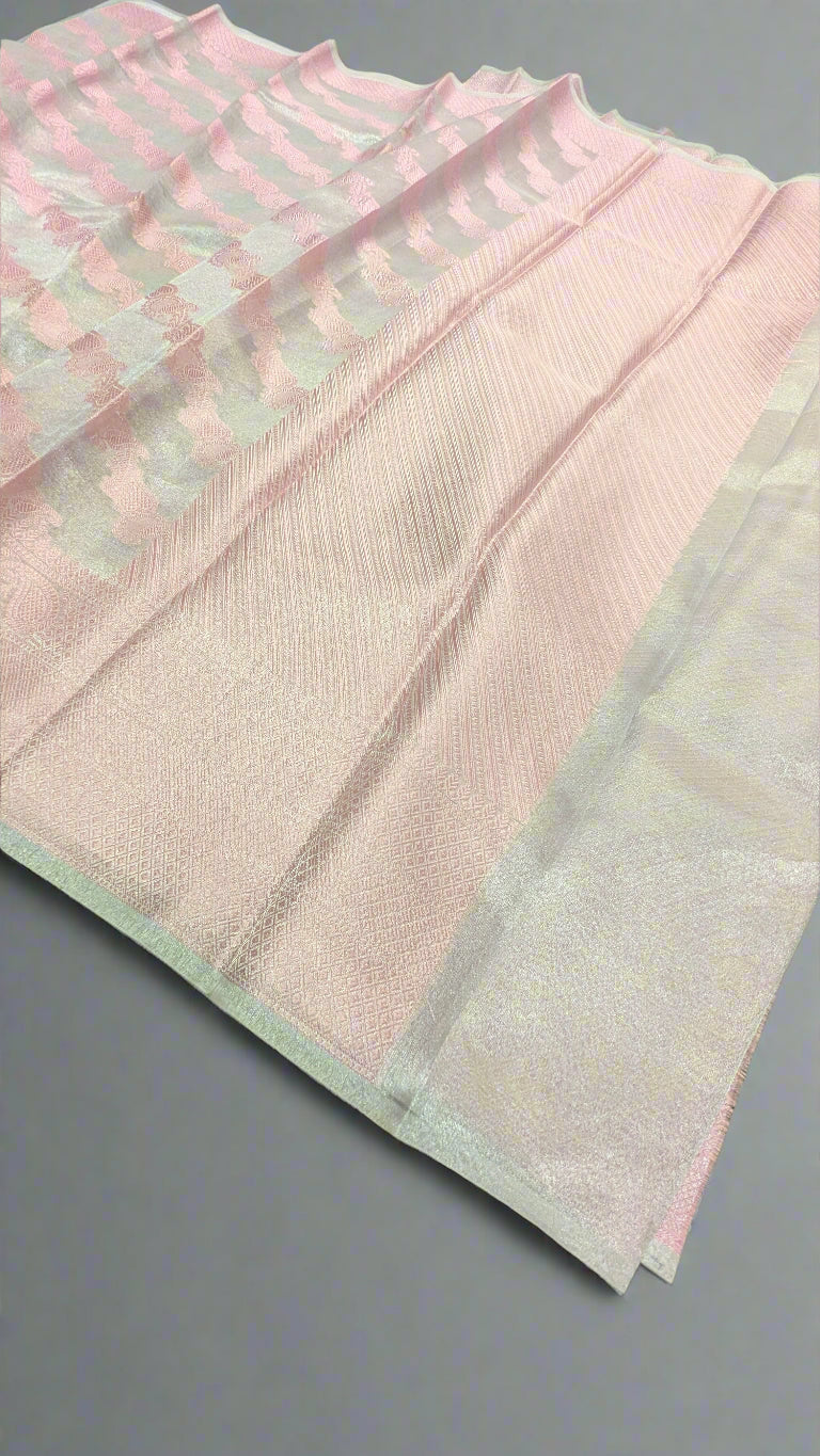 Silver Katan Silk Tissue Saree with Pink Resham Leheriya Weaving