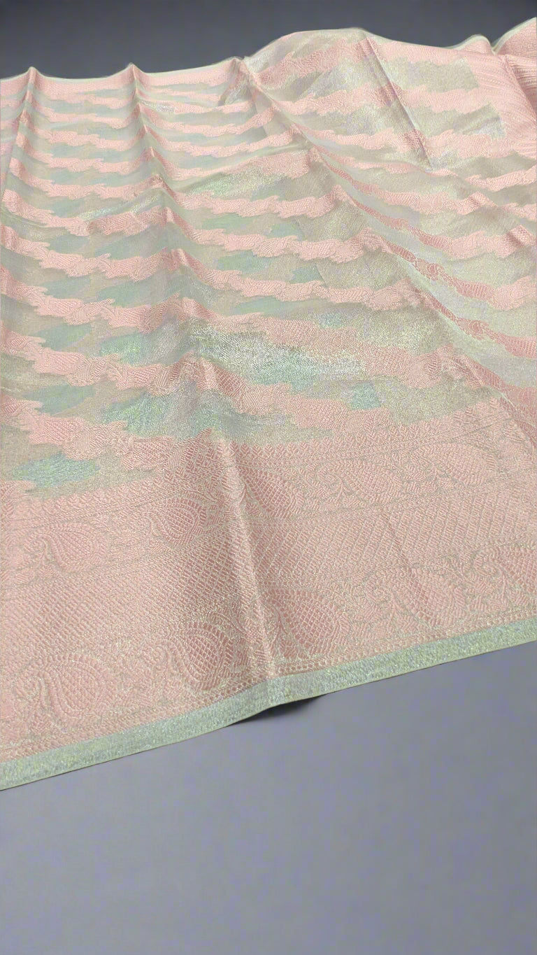 Silver Katan Silk Tissue Saree with Pink Resham Leheriya Weaving
