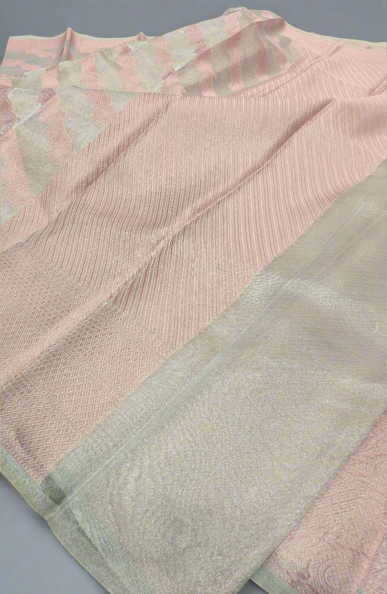 Silver Katan Silk Tissue Saree with Pink Resham Leheriya Weaving