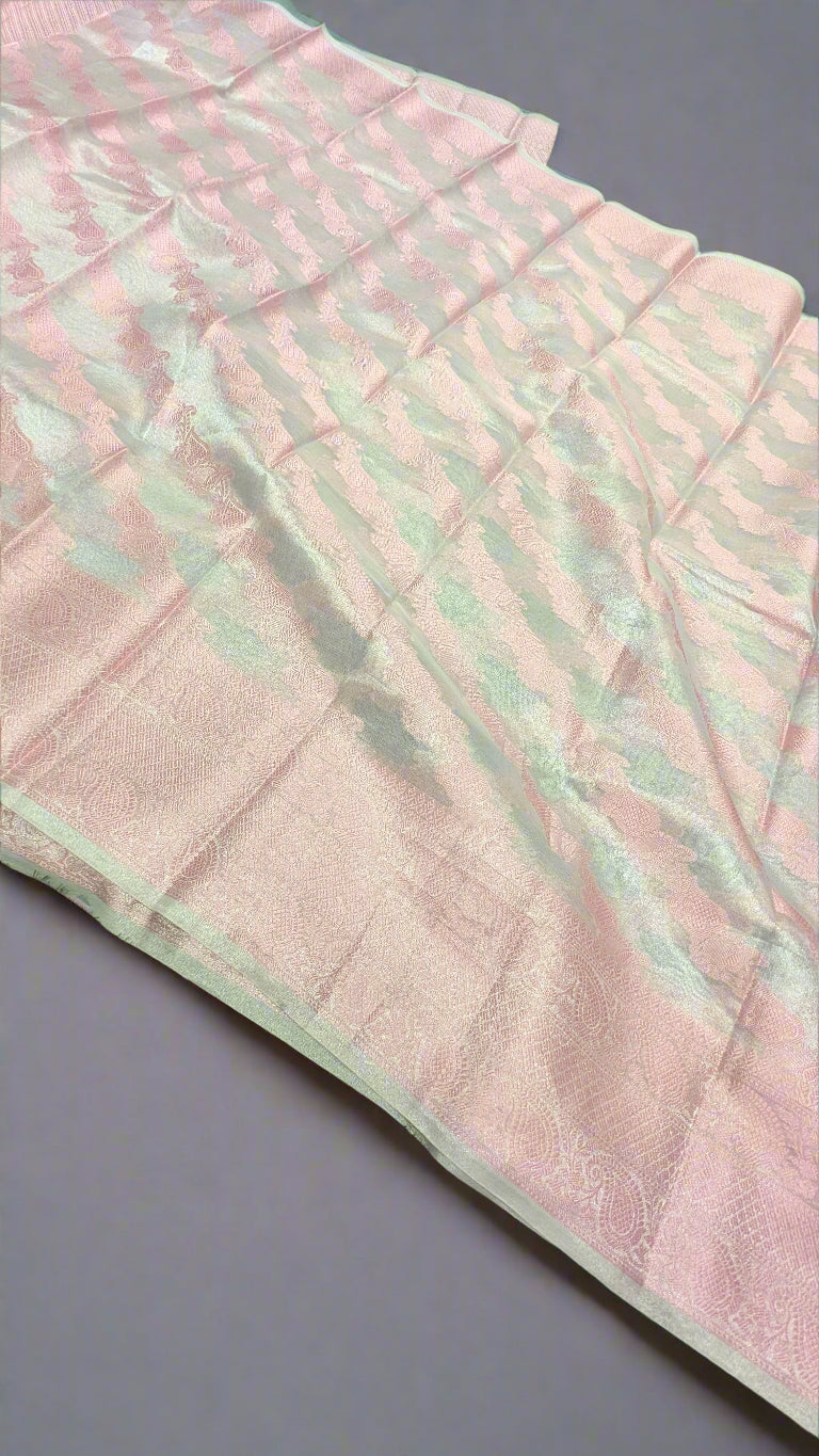 Silver Katan Silk Tissue Saree with Pink Resham Leheriya Weaving