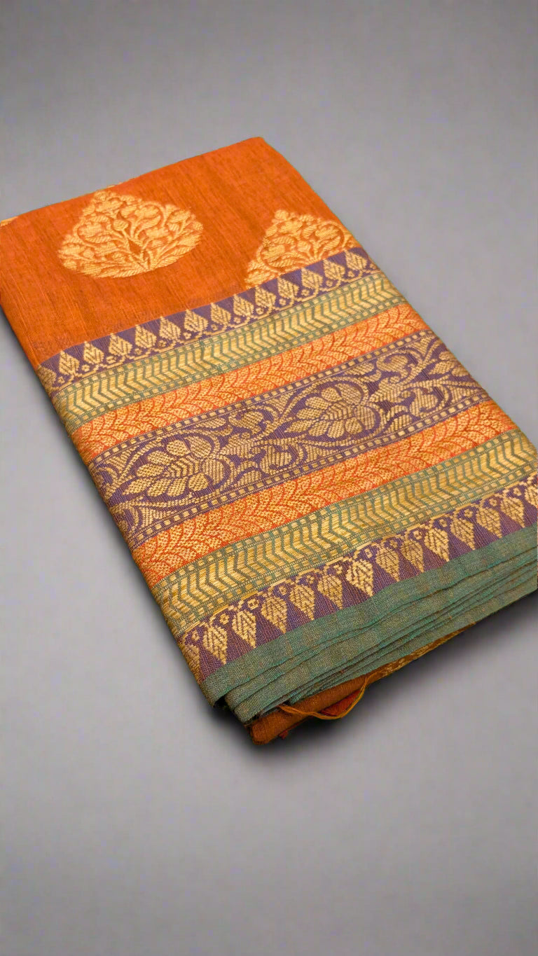 π Mustard Rust Handloom Linen Saree β Bold & Beautiful π