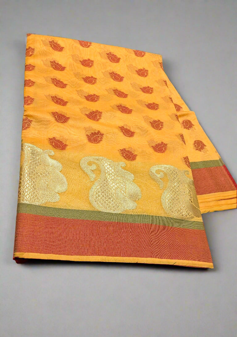 Banarasi Raw Silk Saree – Yellow with Red Boota | Soft & Lightweight | Unbelievable Price