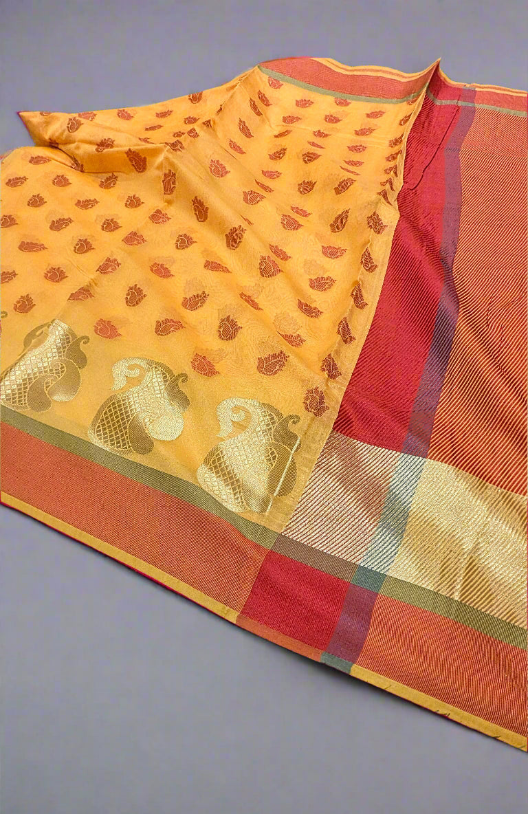 Banarasi Raw Silk Saree – Yellow with Red Boota | Soft & Lightweight | Unbelievable Price