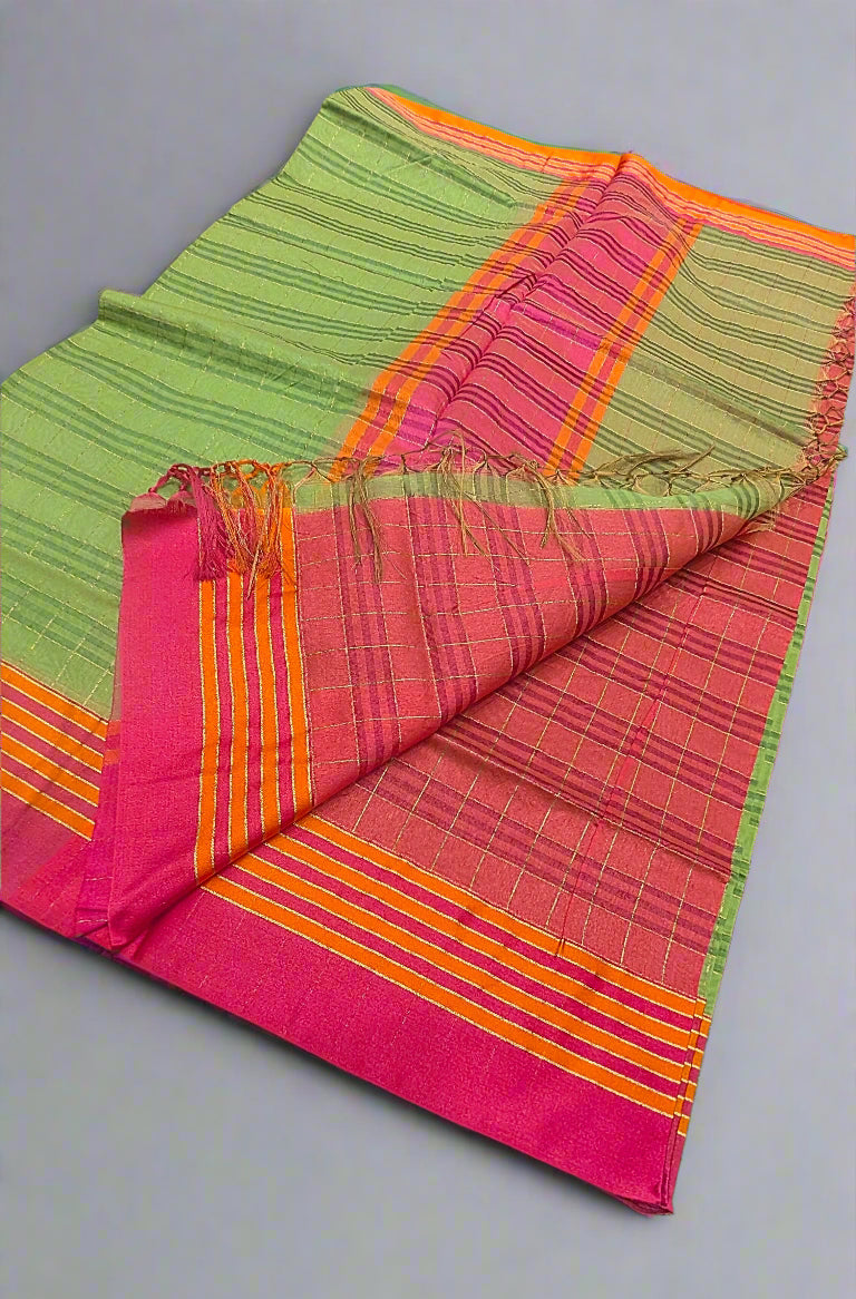Maheshwari Cotton Banarasi Handloom Saree – Lightweight Elegance | Contrast Pallu & Blouse |
