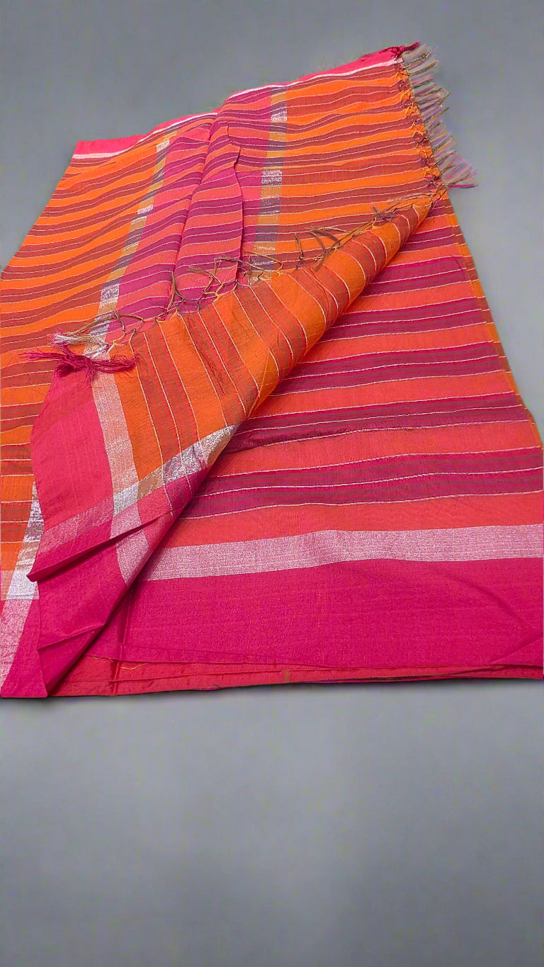 Orange Pure Maheshwari Cotton Saree – Subtle Gharchola Look | Contrast Pallu & Blouse | ₹1199
