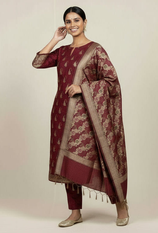 💖 Exclusive Collection – VLS 442 💖 Banarasi Maroon Meenakari 3-Piece Dress Material