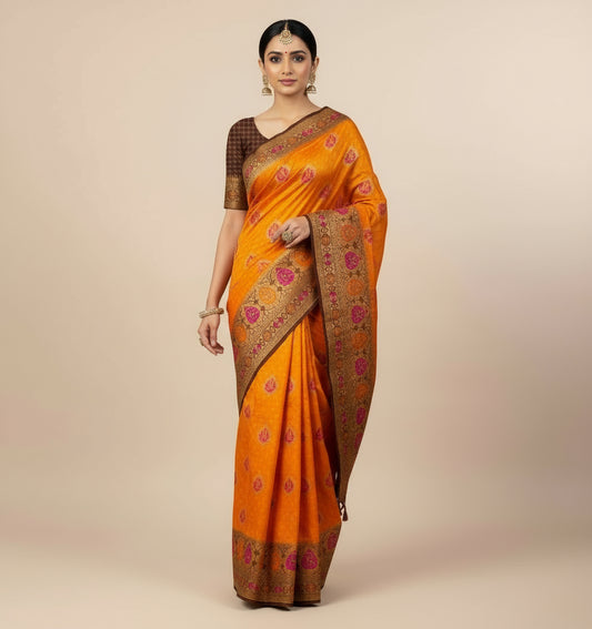 🧡 Banarasi Ghatchola Meenakari Saree – Orange & Brown Elegance Product Code: VLS-447