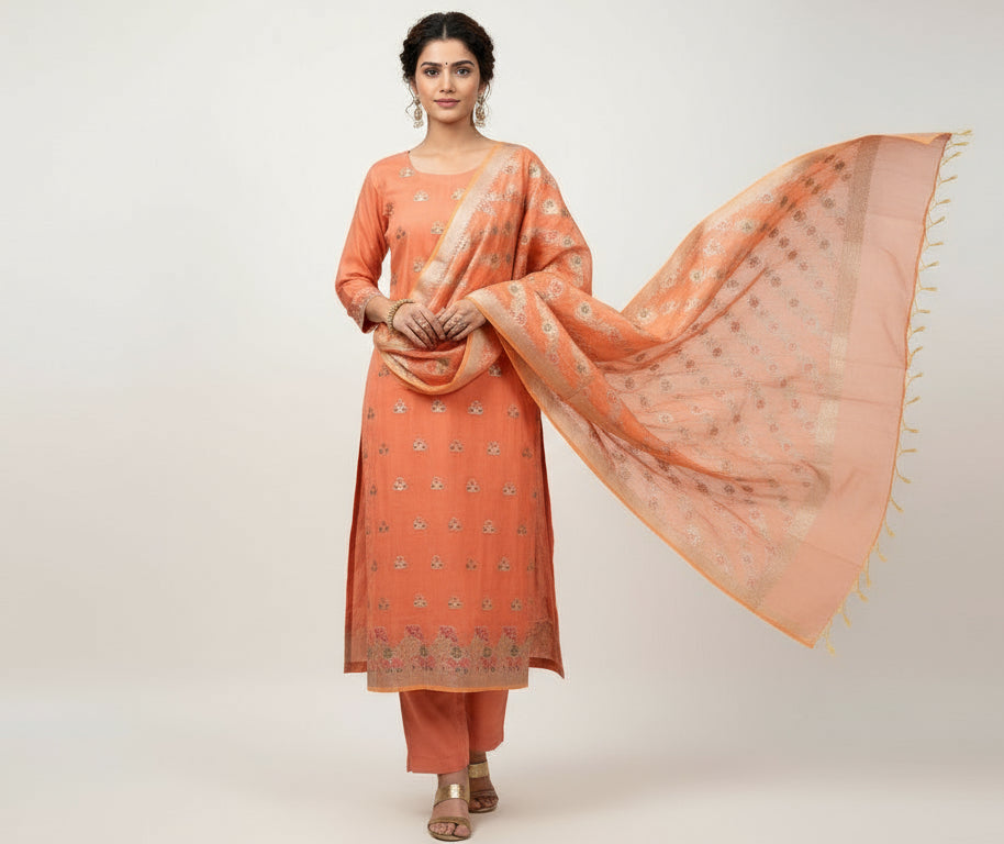 Banarasi Peach Meenakari 3-piece Dress Material (VLS-449)