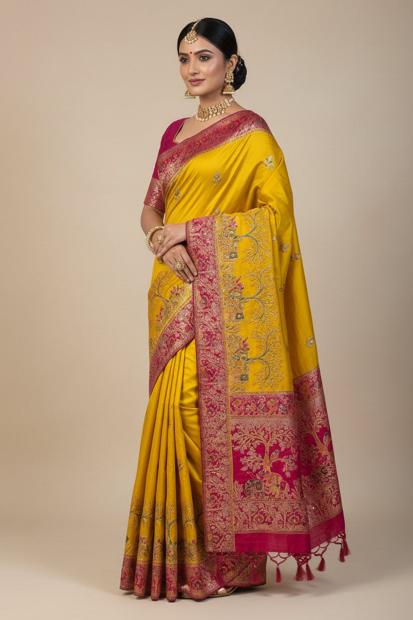 VLS 471 – Dupion Silk Banarasi Saree with Dabka Meenakari Handwork & Madhubani Border