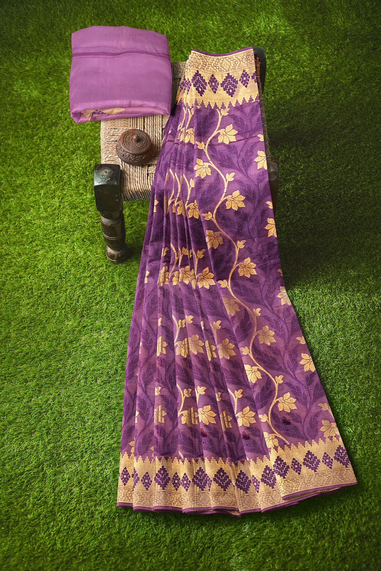 Regal Gazari Wine Pure Dupion Katan Silk Saree with Antique Zari and Resham Zaal