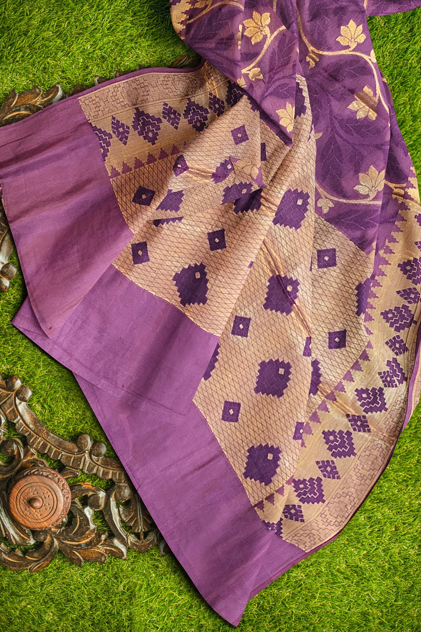 Regal Gazari Wine Pure Dupion Katan Silk Saree with Antique Zari and Resham Zaal