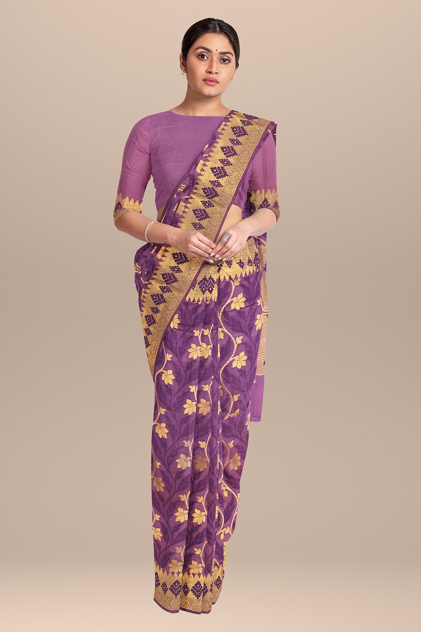 Regal Gazari Wine Pure Dupion Katan Silk Saree with Antique Zari and Resham Zaal