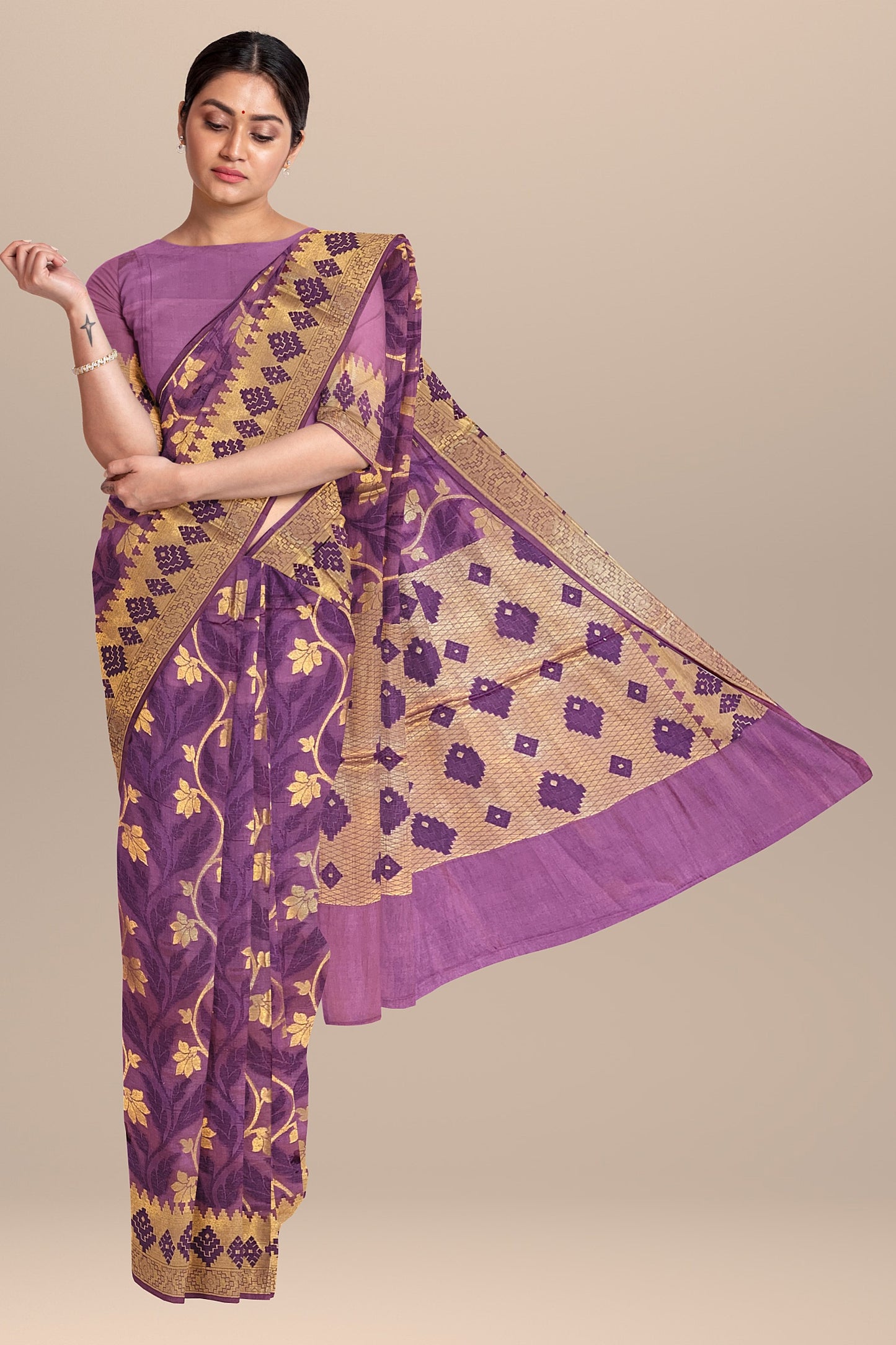 Regal Gazari Wine Pure Dupion Katan Silk Saree with Antique Zari and Resham Zaal