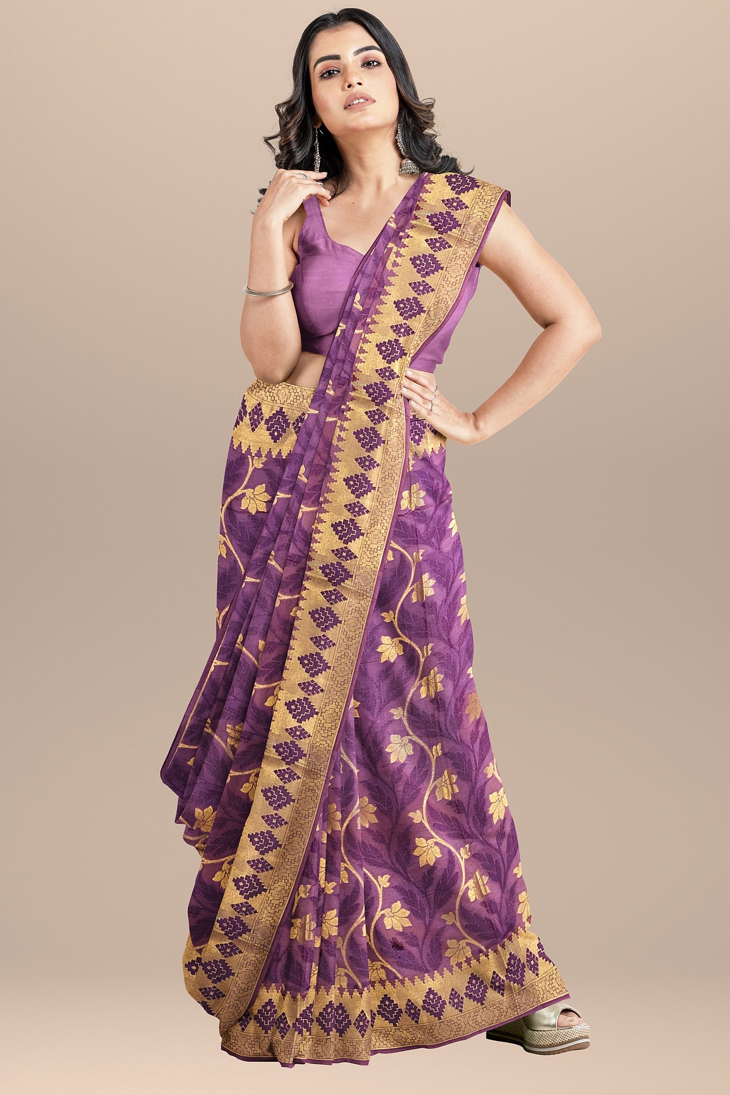 Regal Gazari Wine Pure Dupion Katan Silk Saree with Antique Zari and Resham Zaal